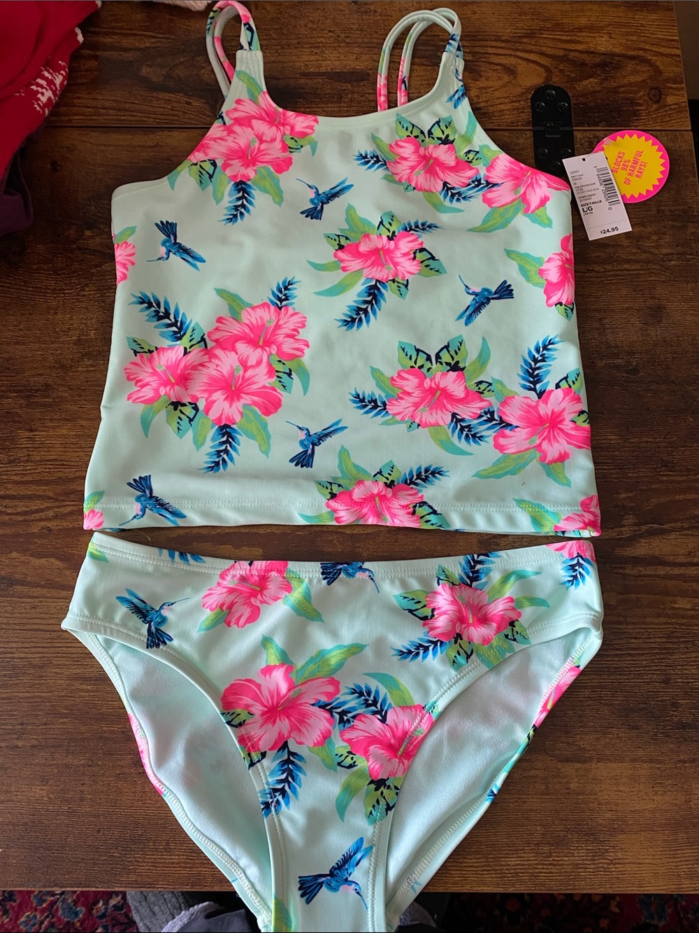 The Children's Place Mint Tankini with Pink Floral Print Girls Large 10/12